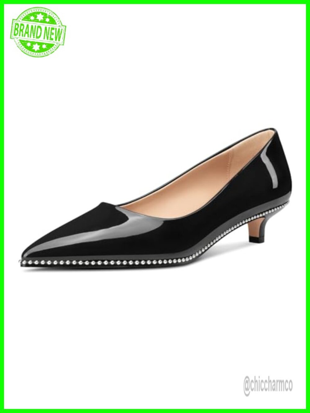 Womens Low Heel Pointed Toe Pumps Silver Beaded Kitten Heels Slip-On Dress Shoes